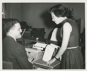 Frank Lettiere using a typewriter as part of a clerical test