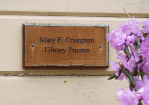 Haydenville Public Library: plaque for Mary E. Crampton, Library Trustee