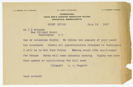 Letter from Laurence L. Doggett to James Huff McCurdy (July 25, 1917)