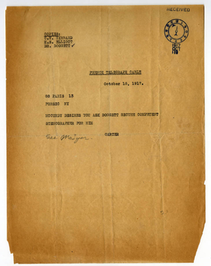Telegram from James H. McCurdy to Laurence L. Doggett (October 18, 1917)