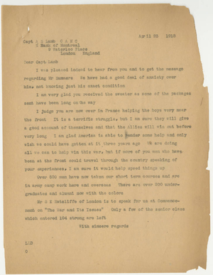 Letter from Dr. Laurence L. Doggett to Captain Arthur S. Lamb (April 23, 1918)