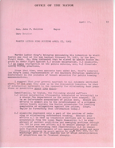 Memorandum from Gary Brazier to Mayor John F. Collins regarding talking points for the upcoming meeting between the Mayor and Martin Luther King Jr.