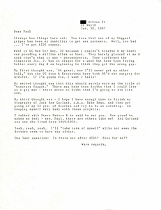 Correspondence from Lou Sullivan to Paul Walker (January 30, 1987)