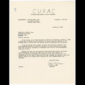 Letter from John F. Jones, CURAC Chairman to Matthew W. Bullock, Esq. about approval of proposed public housing tower for elderly on Washington Park Boulevard