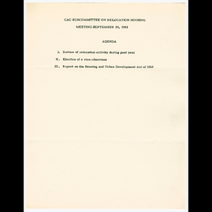 Agenda for Citizens Advisory Committee (CAC) Subcommittee on Relocation Housing meeting on September 20, 1965
