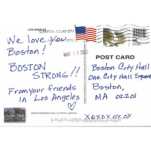 Postcard from Los Angeles to Boston City Hall after the 2013 Boston Marathon bombings