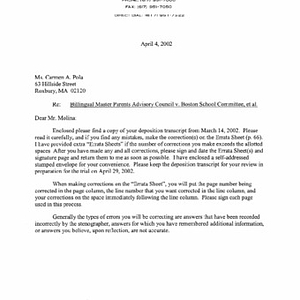 Letter from Harvey J. Wolkoff to Carmen Pola and Antonio Molina regarding Pola's deposition