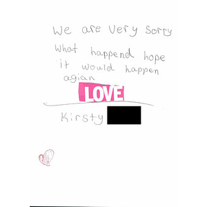 Letter of support from a child in Tipperary, Ireland ("We are very sorry")