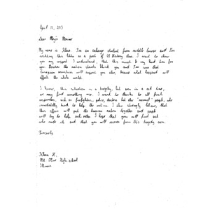 Letter to Boston from a Mount Olive High School student (Mount Olive, Illinois)