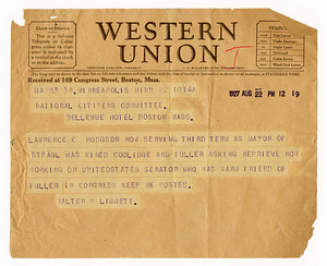 Telegram from Walter W. Liggett to National Citizens Committee for Sacco and Vanzetti concerning Lawrence C. Hodgson, August 22, 1927