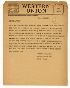 Telegram from Arthur Garfield Hays, Francis Fisher Kane, and Frank P. Walsh to Robert M. Grant, August 22, 1927