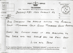 Telegram from Lise and John to Robert S. Jamieson