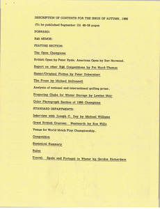Description of contents for the issue of autumn, 1980