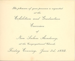 Invitation for the 1893 exhibition and graduation exercises at New Salem Academy