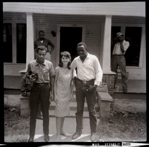 Charles T. Scales, Gloria Xifaras Clark, and Wayne Yancey on steps of the Freedom House