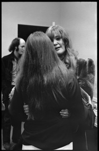 Unidentified woman greeting Judy Collins (back to camera) in the sound studio while producing the first Crosby, Stills, and Nash album
