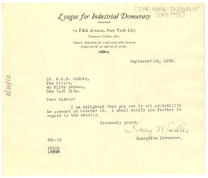 Letter from League for Industrial Democracy to W. E. B. Du Bois