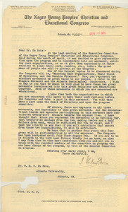 Letter from The Negro Young Peoples' Christian and Educational Congress to W. E. B. Du Bois