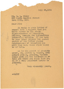 Letter from Augustus Granville Dill to M. L. Kiser