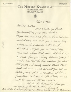 Letter from V. F. Calverton to W. E. B. Du Bois