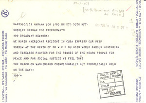 Telegram from North American Amigos de Cuba to Mrs. W. E. B. Du Bois