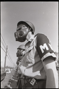 Antiwar demonstration at Fort Dix, N.J.: close-up of line of military police in gas masks