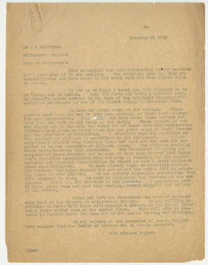 Letter from Laurence L. Doggett to John W. Jefferson (November 21, 1918)