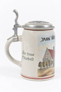 Stoneware Christmas stein with trees and house