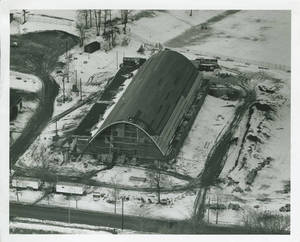 Aerial view of the Linkletter Natatorium under construction, 1967