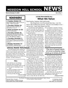 Mission Hill School newsletter, October 15, 2001