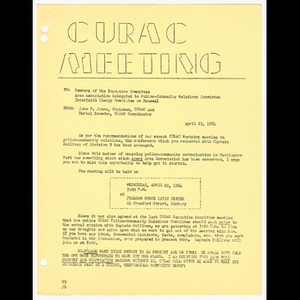 Memorandum from John F. Jones, CURAC Chairman and Muriel Snowden CURAC Coordinator to members of the CURAC Executive Committee, area association delegates to Police-Community Relations Committee, and Interfaith Clergy Committee on Renewal about meeting on April 29, 1964