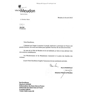 Letter from the Senator of Hauts-de-Seine in France Herve Marseille to the United States Ambassador to France Charles Rivkin