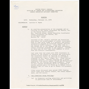 Minutes of career education advisory committee meeting held February 15, 1978