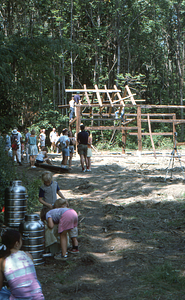 Temporary rafter bracing (1) at the Moon Barn Raising at entrance to Hopkins Forest on 2 August 1975.