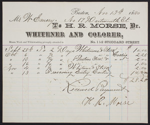 Billhead for H.R. Morse, Dr., whitener and colorer, No. 1 1/2 Stoddard Street, Boston, Mass., dated November 13, 1880