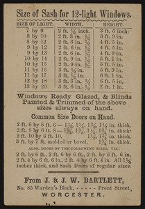 Trade card for J. & J.W. Bartlett, windows and doors, No. 85 Warden's Block, Front Street, Worcester, Mass., undated