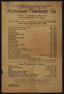 Circular for Nicholson=Thackray Co., annual fall kitchen ware sale, Rhode Island, September 1929