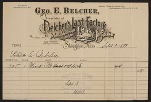 Billhead for Geo. E. Belcher, shoes, Stoughton, Mass., dated September 9, 1899
