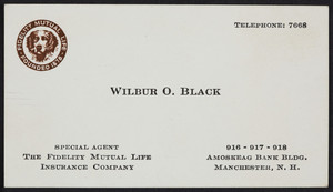 Business card for Wilbur O. Black, special agent, The Fidelity Mutual Life Insurance Company, Philadelphia, Pennsylvania, undated