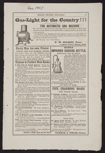 Advertisement for The Automatic Gas Machine, D.W. Holmes, 7 Liberty Square, Boston, Mass., December 1867