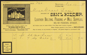 Billhead for Sam'l Kidder, leather belting, packing and mill supplies, No. 60 Federal Street, Boston, Mass., dated November 17, 1893