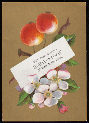 Trade card for Frank Cousins's Bee-Hive, dry goods, 172 Essex Street, Salem, Mass., undated