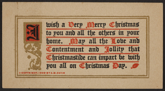 Christmas greeting card, A.M. Davis, location unknown, 1908