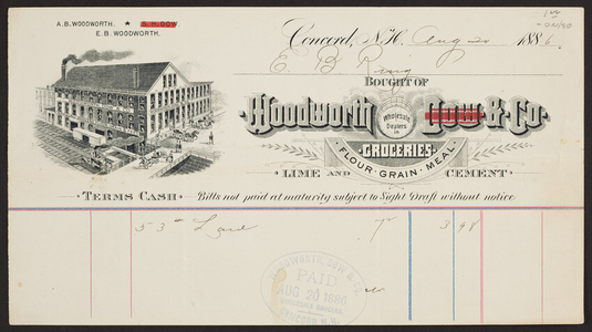 Billhead for Woodworth Dow & Co., groceries, Concord, New Hampshire, dated August 20, 1886
