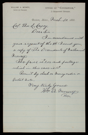 William A. Mowry to Thomas Lincoln Casey, March 10, 1886