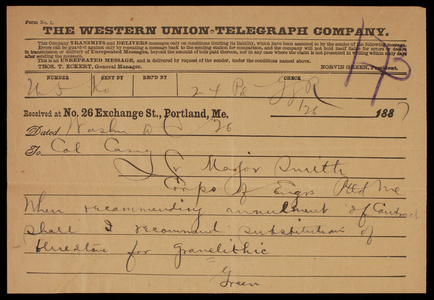 [Bernard] R. Green to Thomas Lincoln Casey, August 26, 1887, telegram