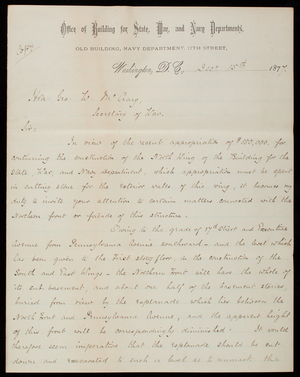 Thomas Lincoln Casey to Hon. [George] W. McCrary, December 15, 1877, copy