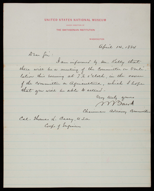 Professor Baird to Thomas Lincoln Casey, April 14, 1884