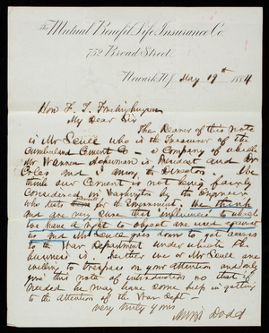 Amzi Dodd to [Frederick] T. Frelinghuysen, May 19, 1884