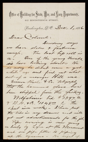 Bernard R. Green to Thomas Lincoln Casey, December 1, 1886